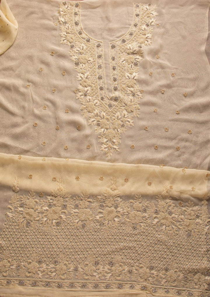Cream Silver Stonework Georgette Designer Unstitched Salwar Suit - koskii