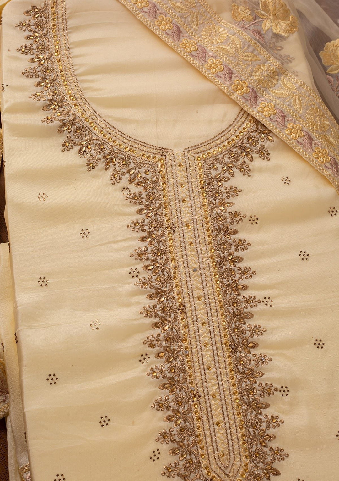 Cream Stonework Art Silk Designer Unstitched Salwar Suit - koskii