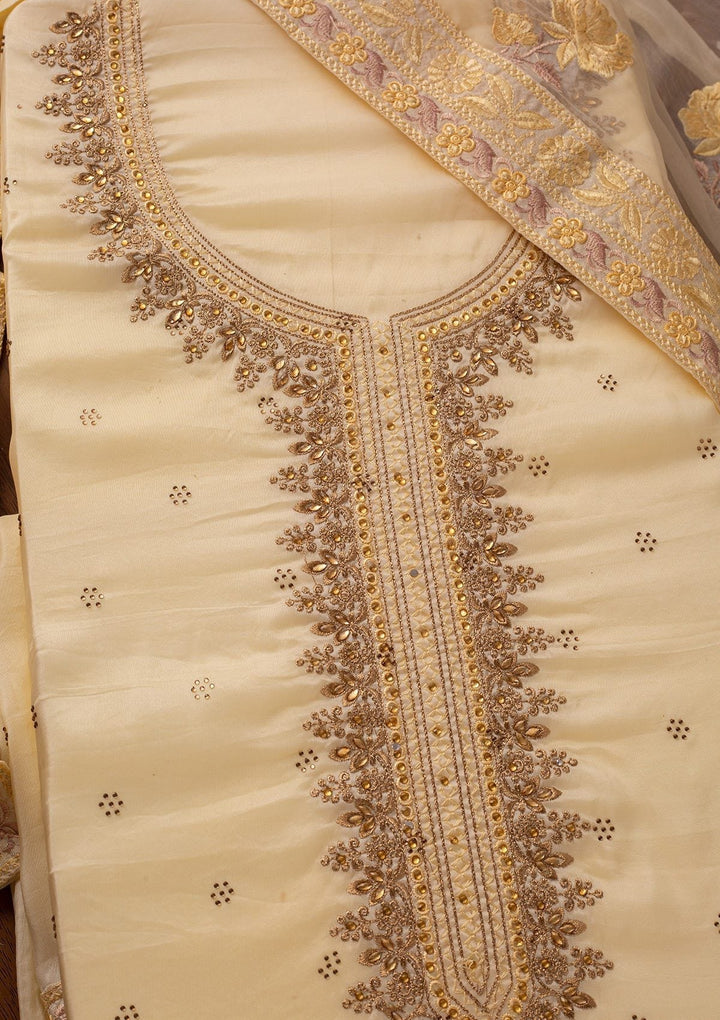 Cream Stonework Art Silk Designer Unstitched Salwar Suit - koskii