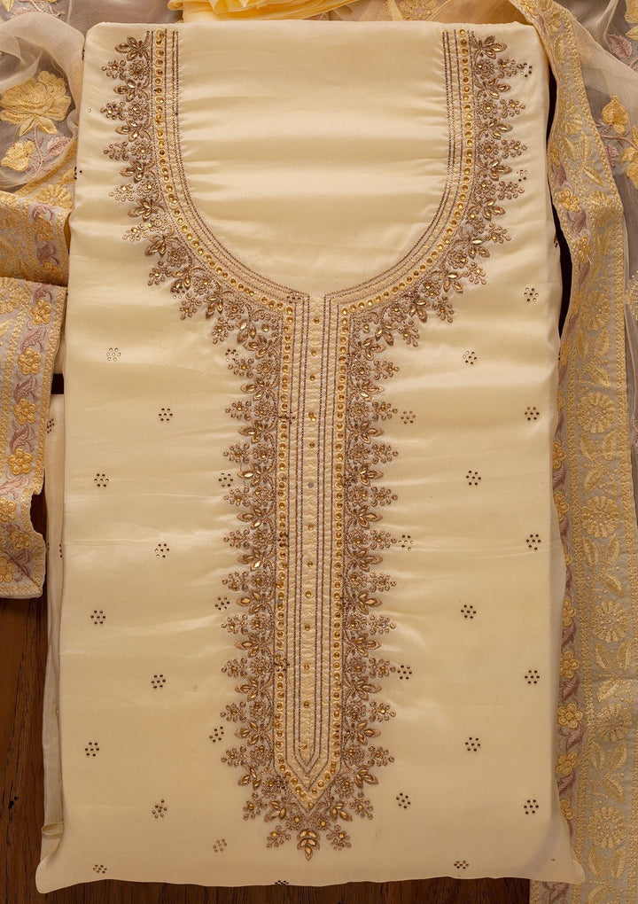 Cream Stonework Art Silk Designer Unstitched Salwar Suit - koskii