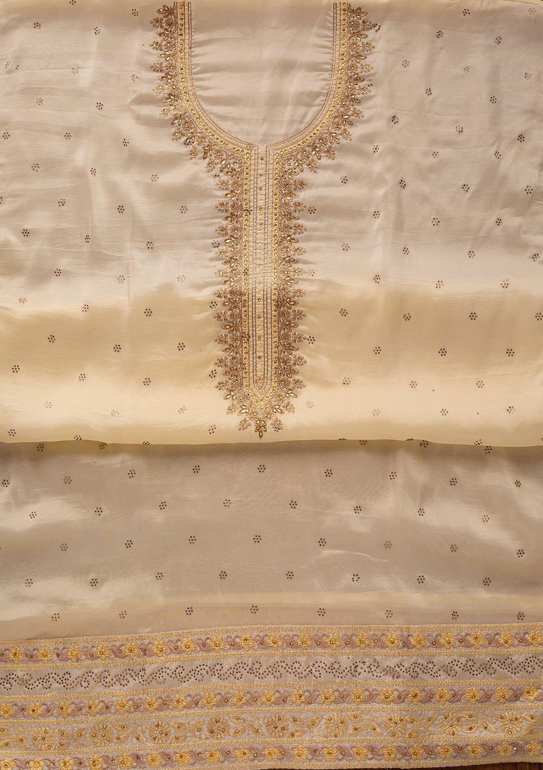 Cream Stonework Art Silk Designer Unstitched Salwar Suit - koskii