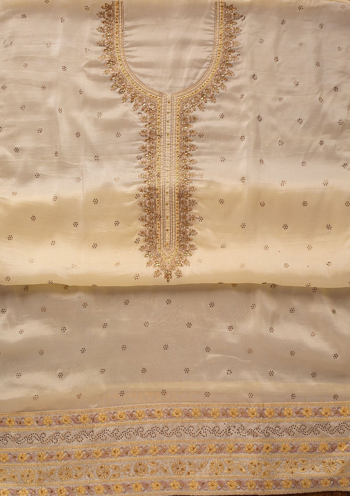 Cream Stonework Art Silk Designer Unstitched Salwar Suit - koskii