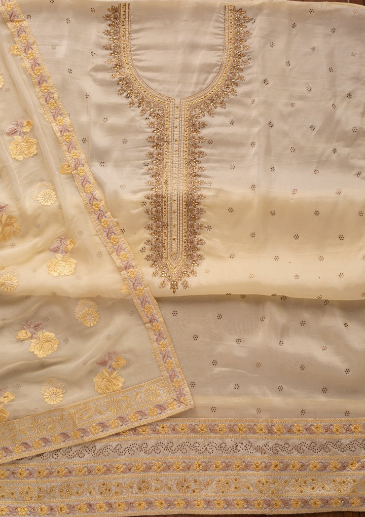 Cream Stonework Art Silk Designer Unstitched Salwar Suit - koskii