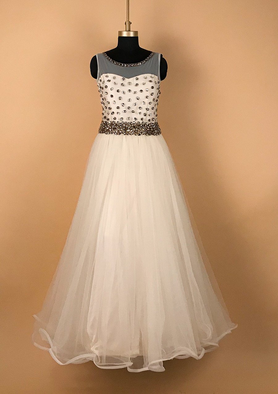 Cream Stonework Net Designer Gown - koskii