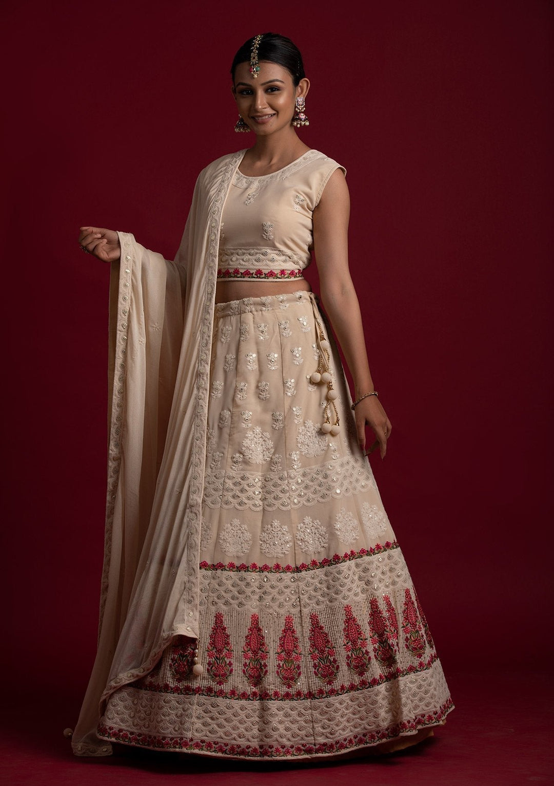 Cream Threadwork Georgette Designer Lehenga - koskii