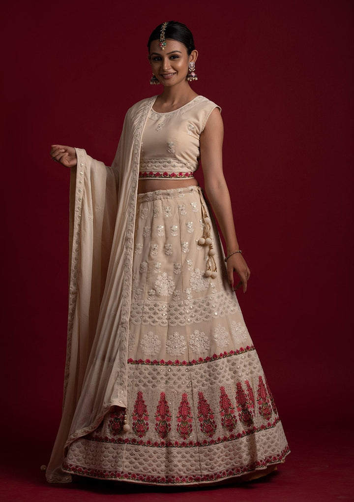 Cream Threadwork Georgette Designer Lehenga - koskii