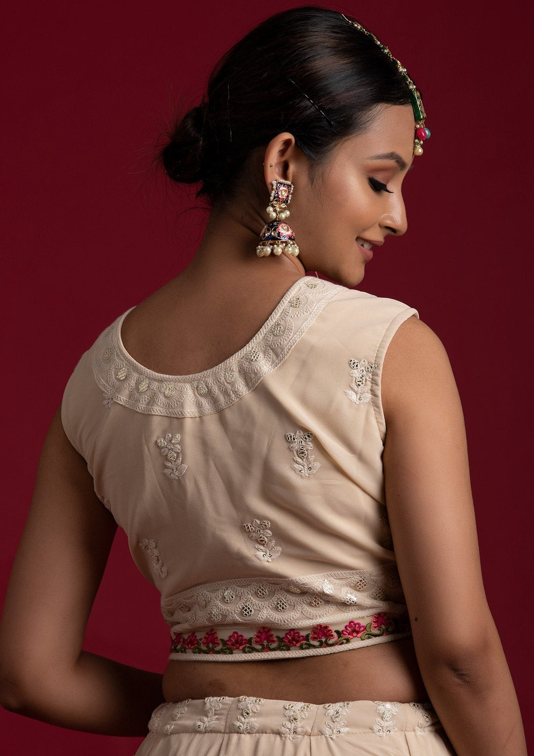 Cream Threadwork Georgette Designer Lehenga - koskii