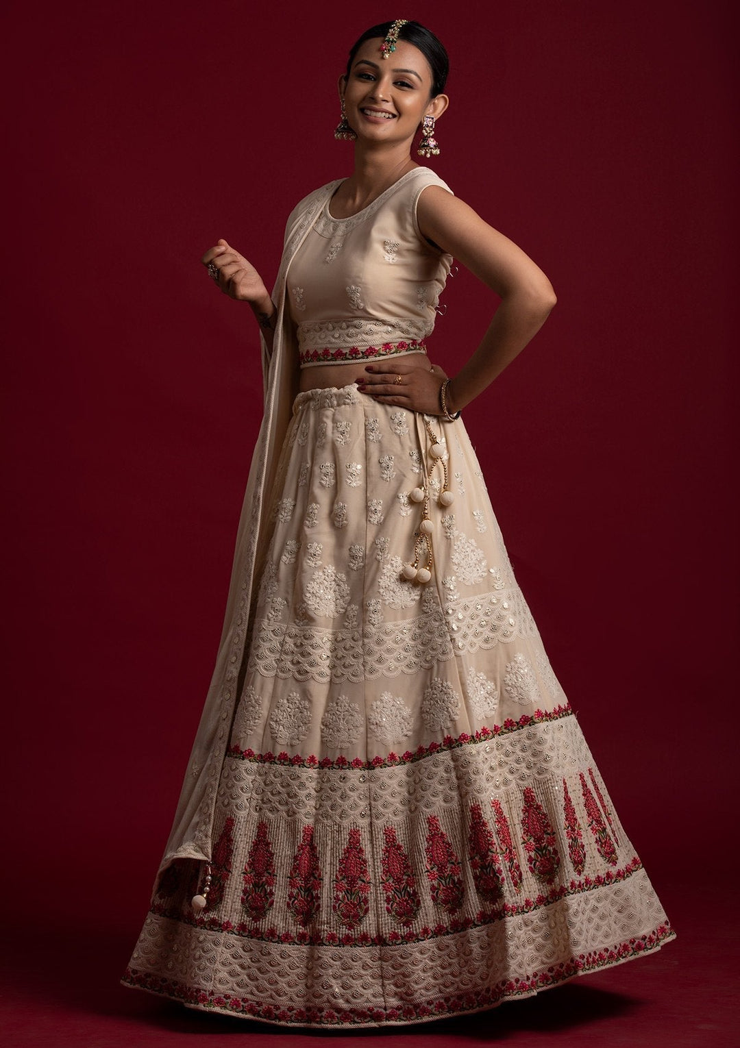 Cream Threadwork Georgette Designer Lehenga - koskii