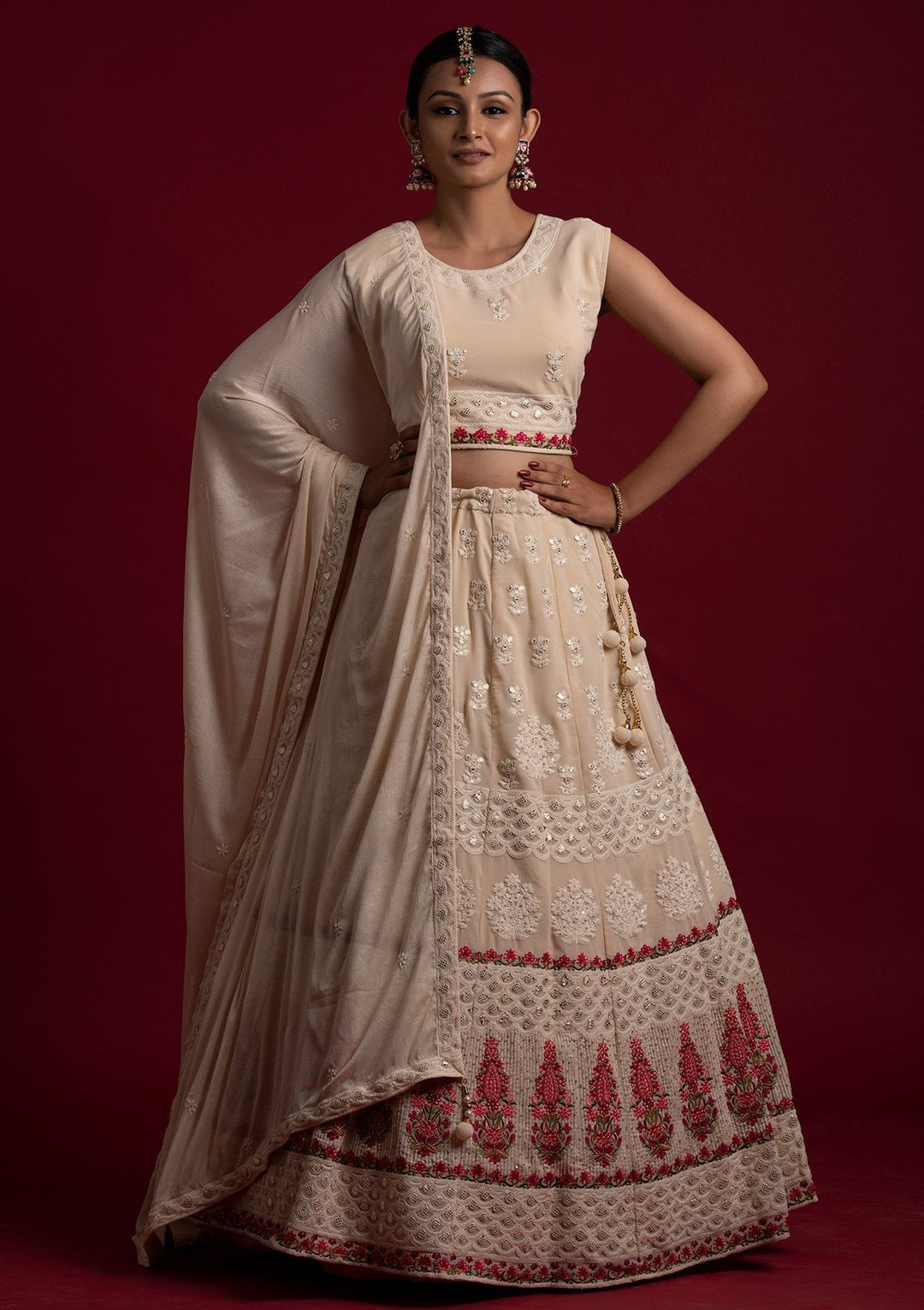Cream Threadwork Georgette Designer Lehenga - koskii