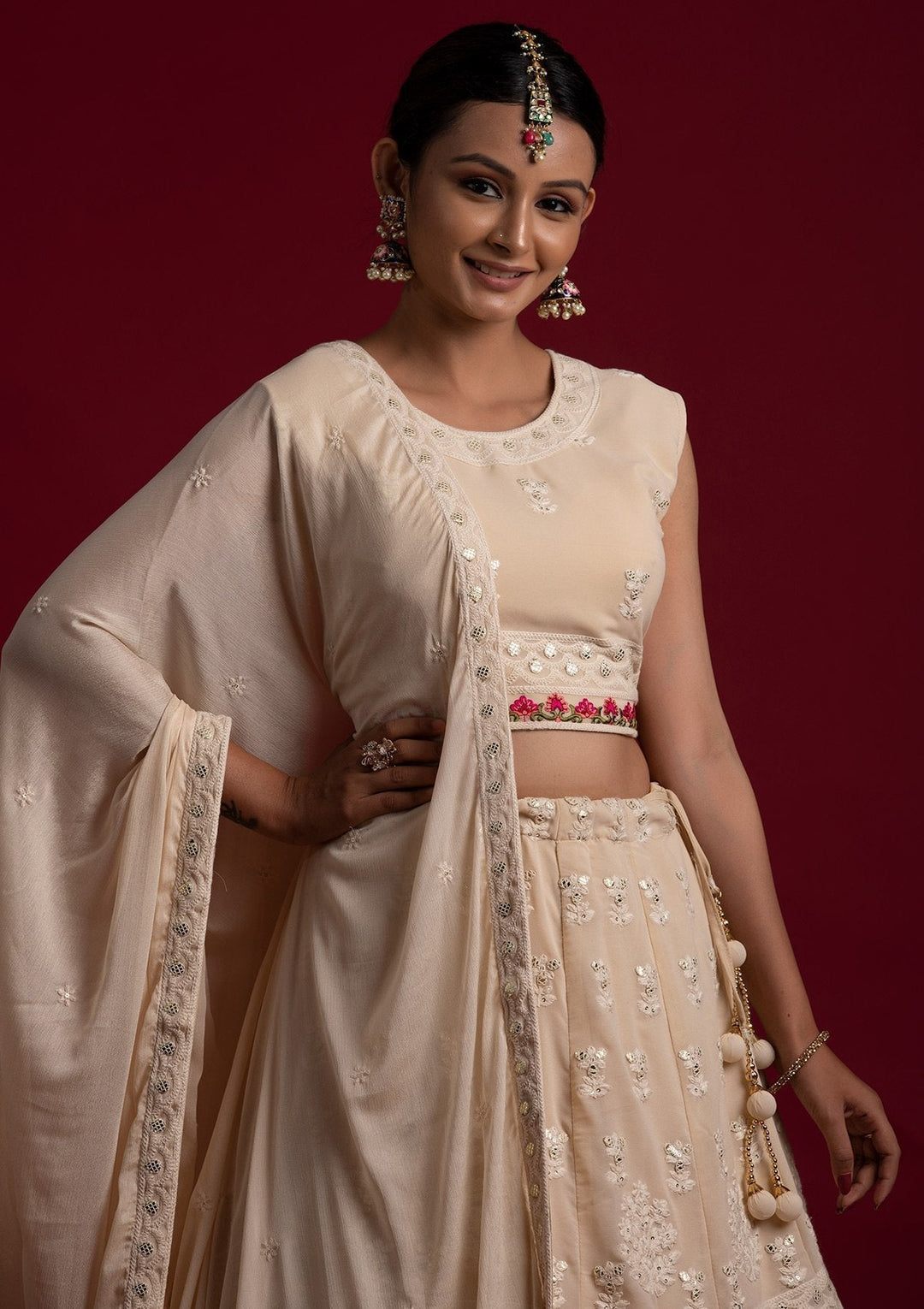 Cream Threadwork Georgette Designer Lehenga - koskii