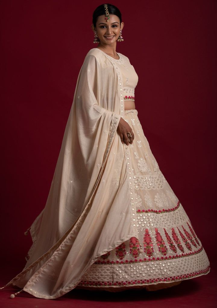 Cream Threadwork Georgette Designer Lehenga - koskii