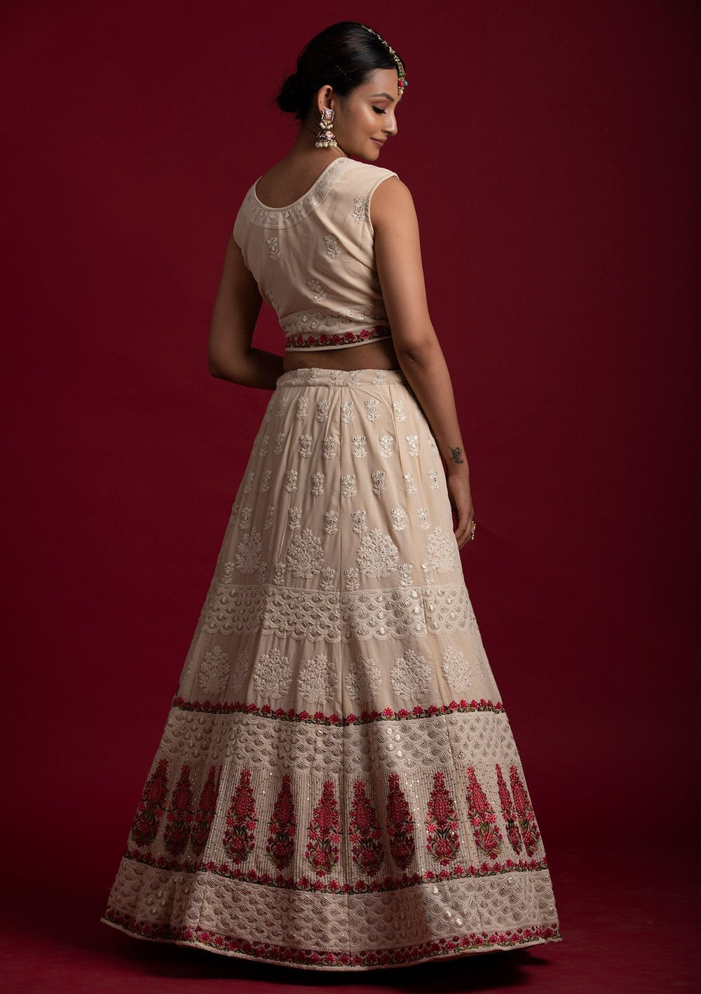 Cream Threadwork Georgette Designer Lehenga - koskii