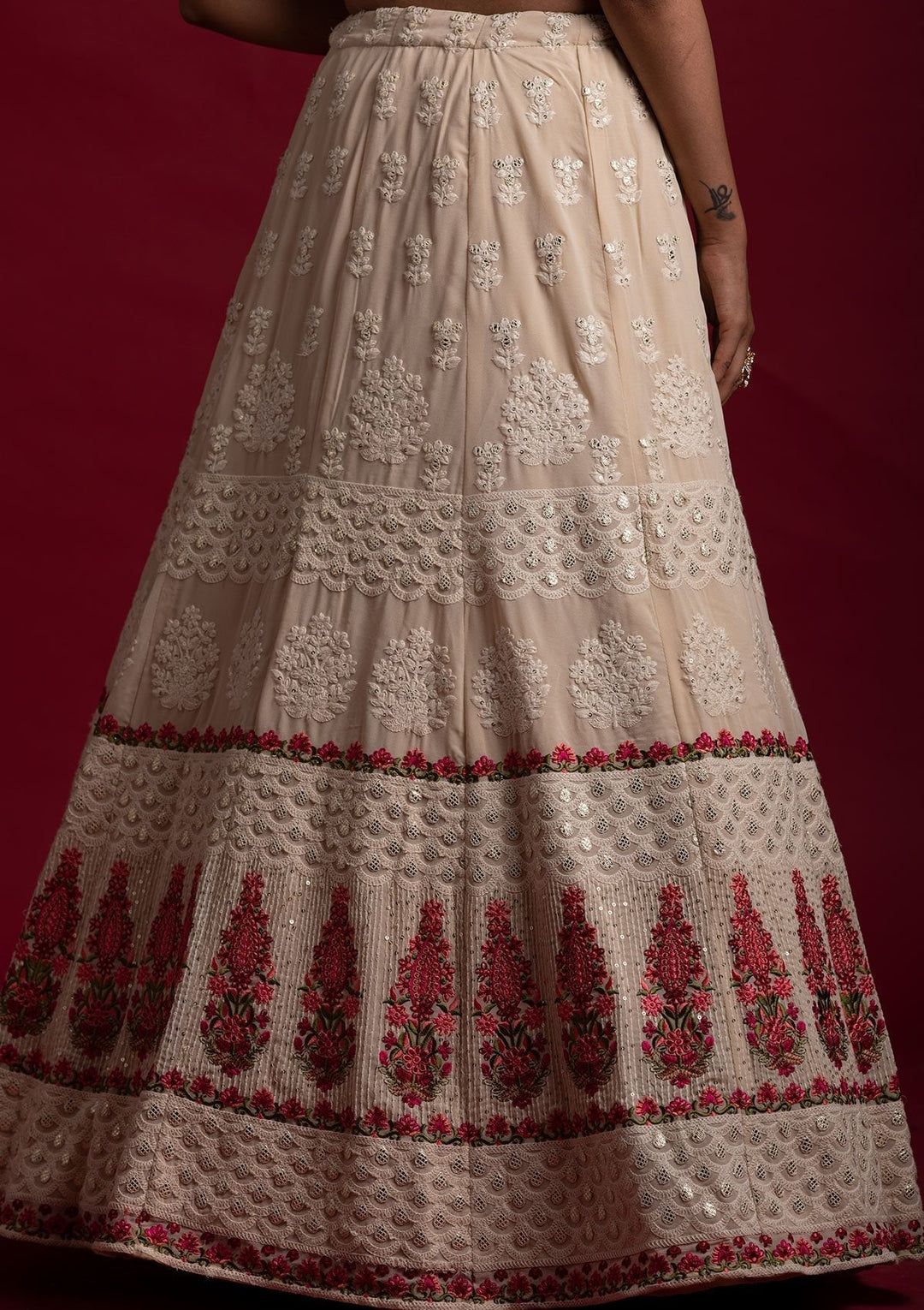 Cream Threadwork Georgette Designer Lehenga - koskii