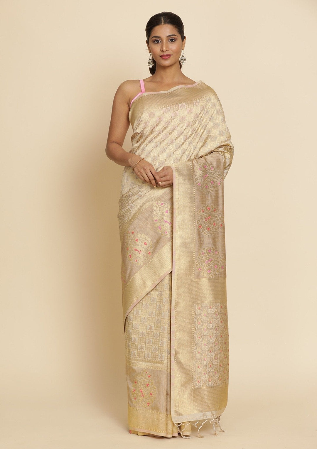 Cream Zariwork Raw Silk Designer Saree - koskii