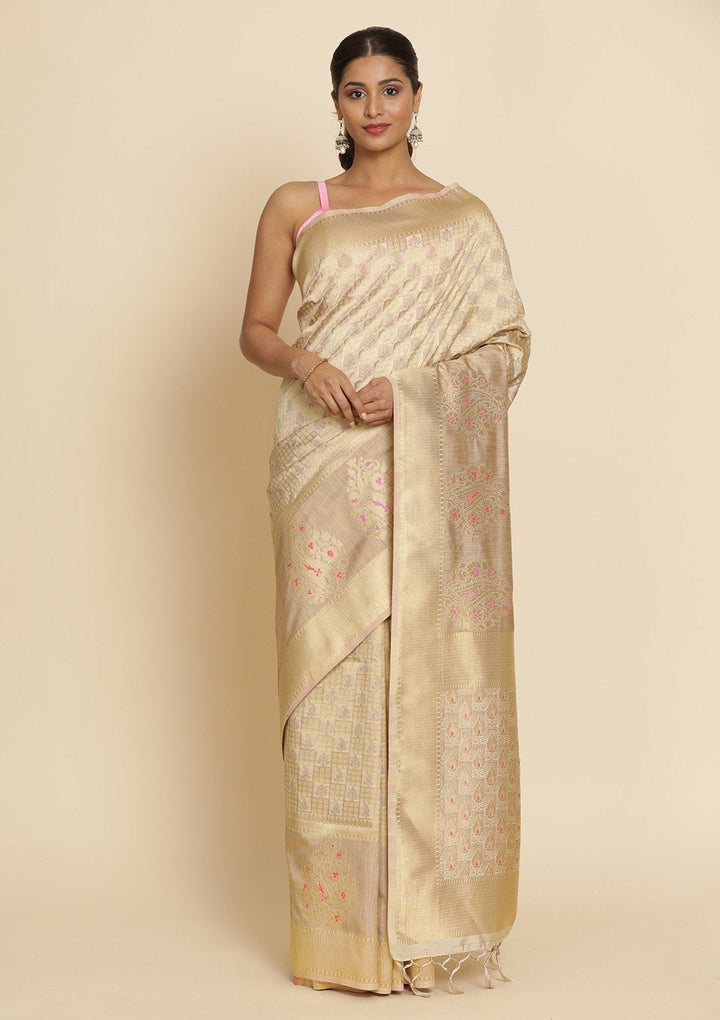 Cream Zariwork Raw Silk Designer Saree - koskii