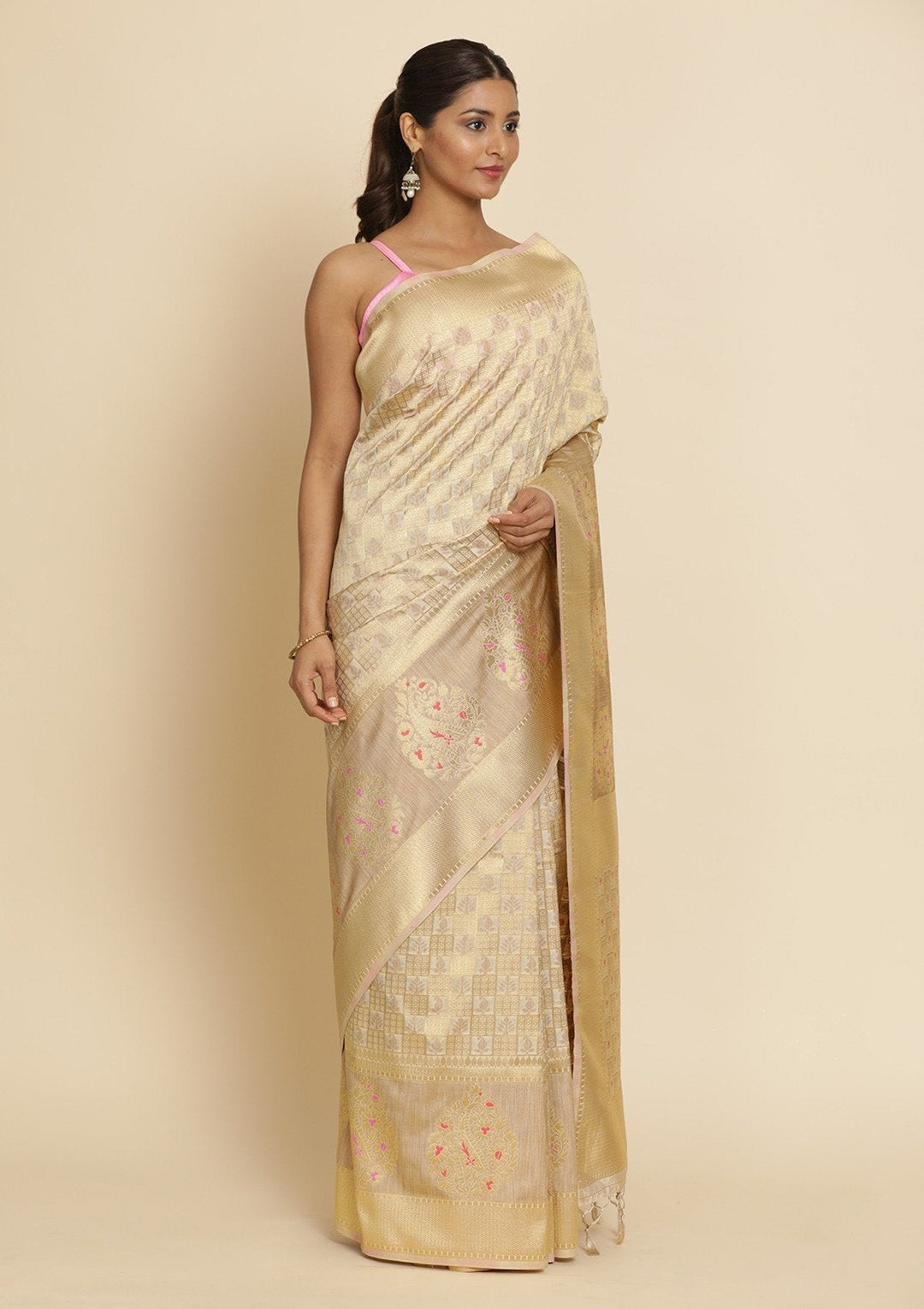 Cream Zariwork Raw Silk Designer Saree - koskii