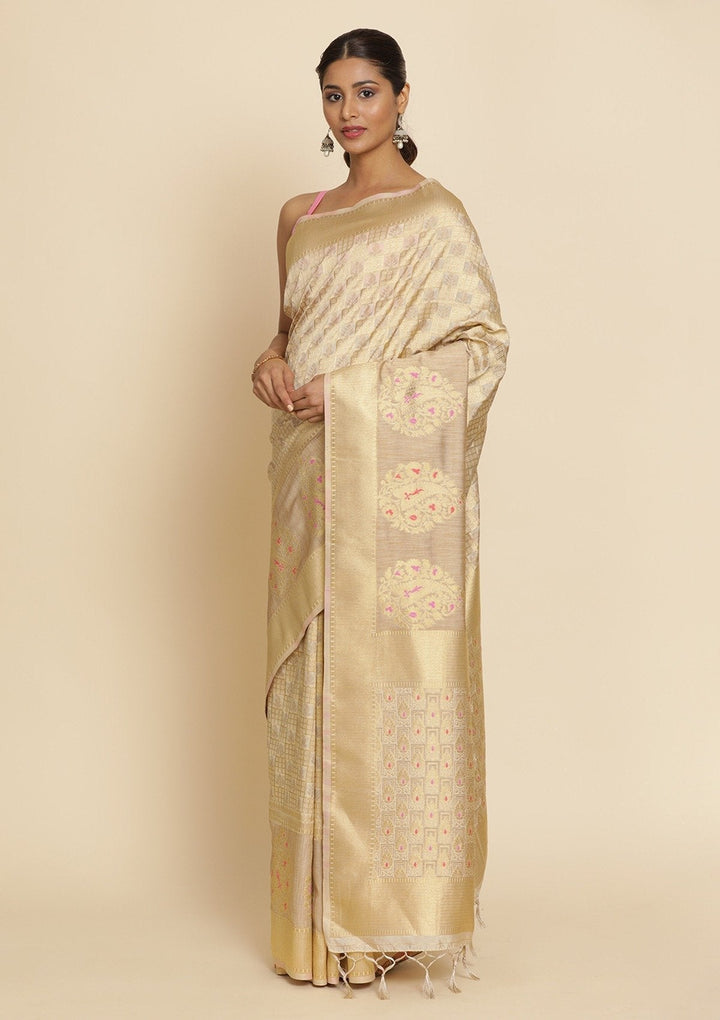 Cream Zariwork Raw Silk Designer Saree - koskii