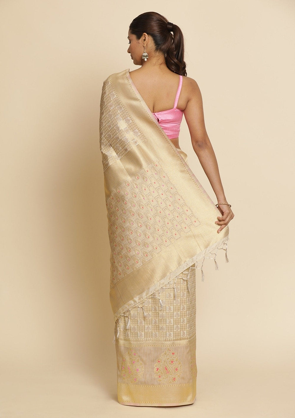 Cream Zariwork Raw Silk Designer Saree - koskii