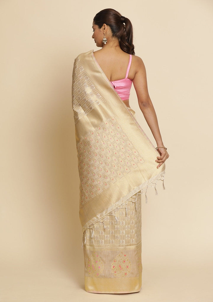Cream Zariwork Raw Silk Designer Saree - koskii