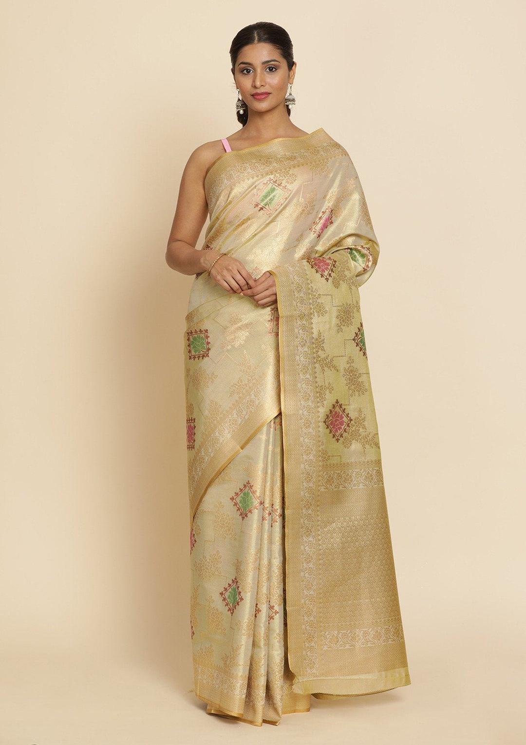 Cream Zariwork Tissue Designer Saree - koskii