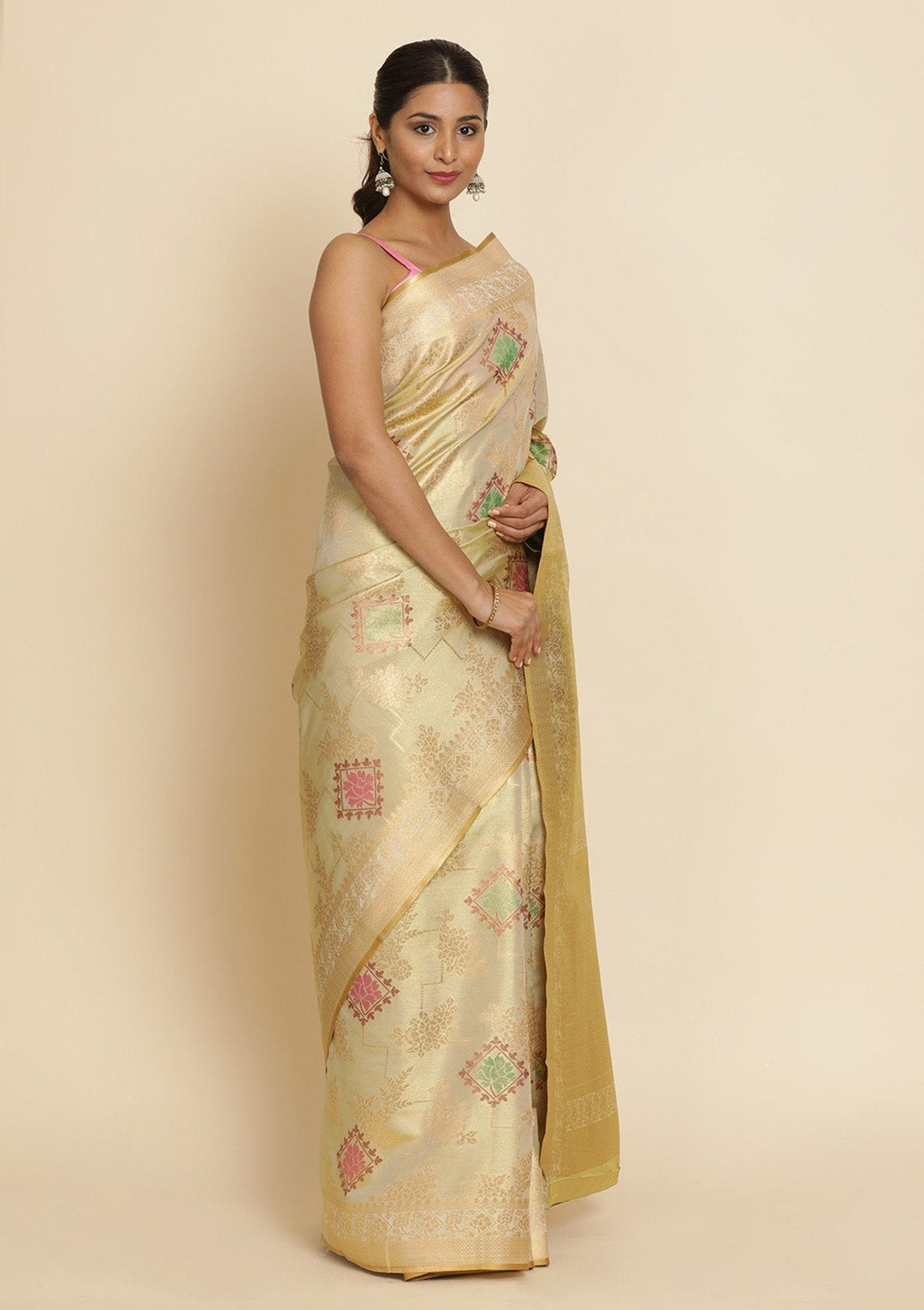 Cream Zariwork Tissue Designer Saree - koskii