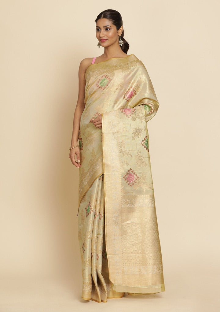 Cream Zariwork Tissue Designer Saree - koskii