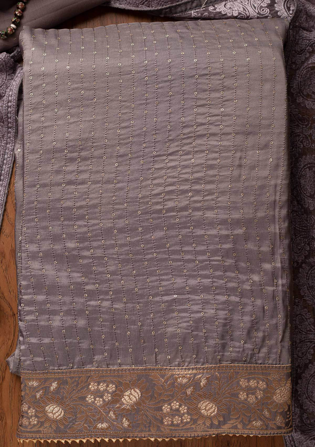 Dark Grey Sequins Semi Crepe Designer Unstitched Salwar Suit - koskii