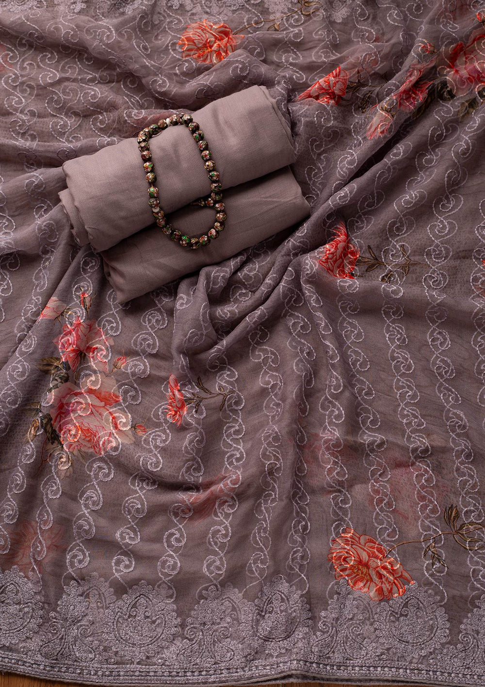 Dark Grey Sequins Semi Crepe Designer Unstitched Salwar Suit - koskii