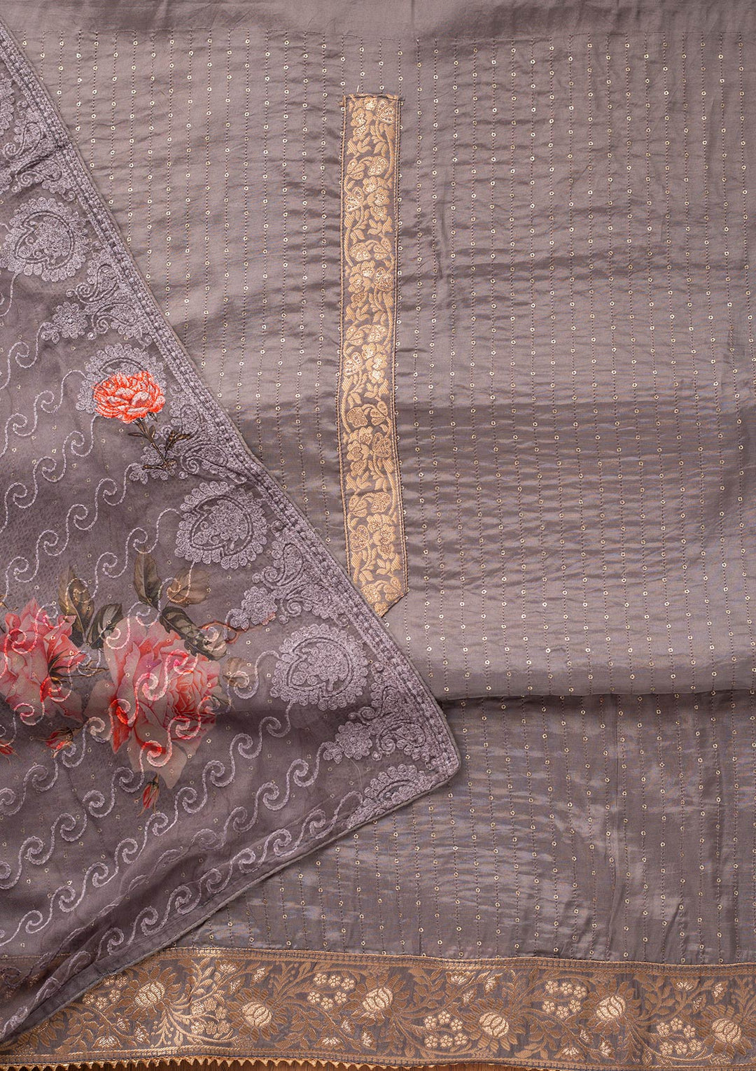 Dark Grey Sequins Semi Crepe Designer Unstitched Salwar Suit - koskii