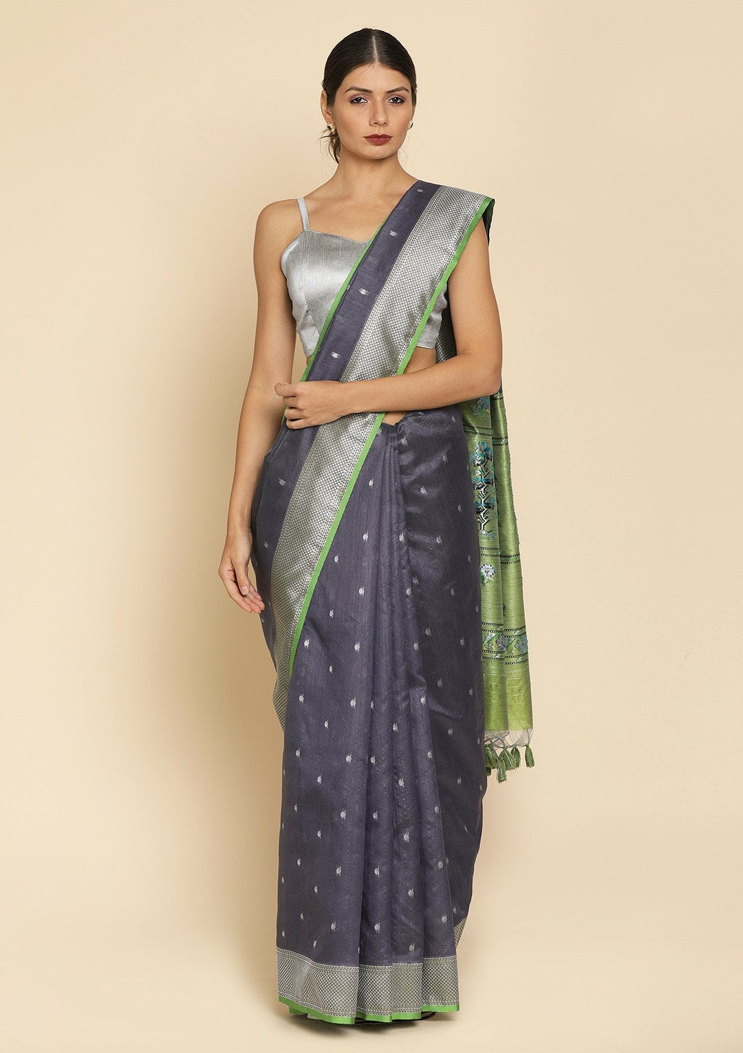 Dark Grey Zariwork Art Silk Designer Saree - koskii
