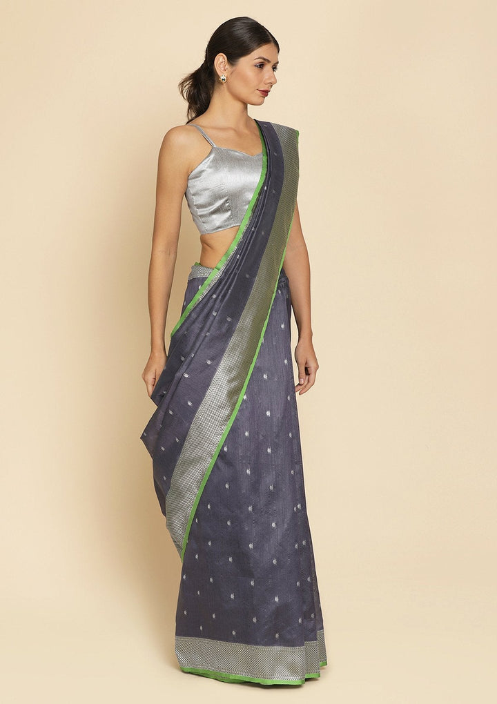 Dark Grey Zariwork Art Silk Designer Saree - koskii