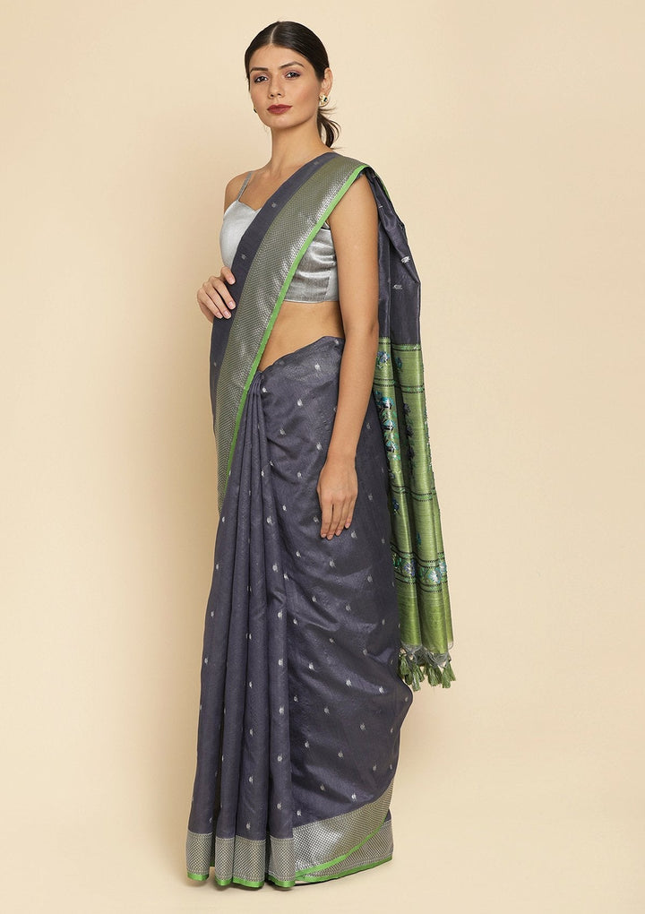 Dark Grey Zariwork Art Silk Designer Saree - koskii