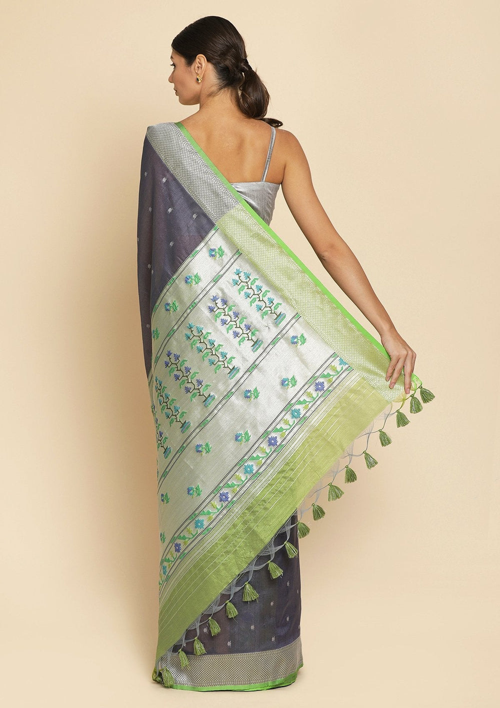 Dark Grey Zariwork Art Silk Designer Saree - koskii