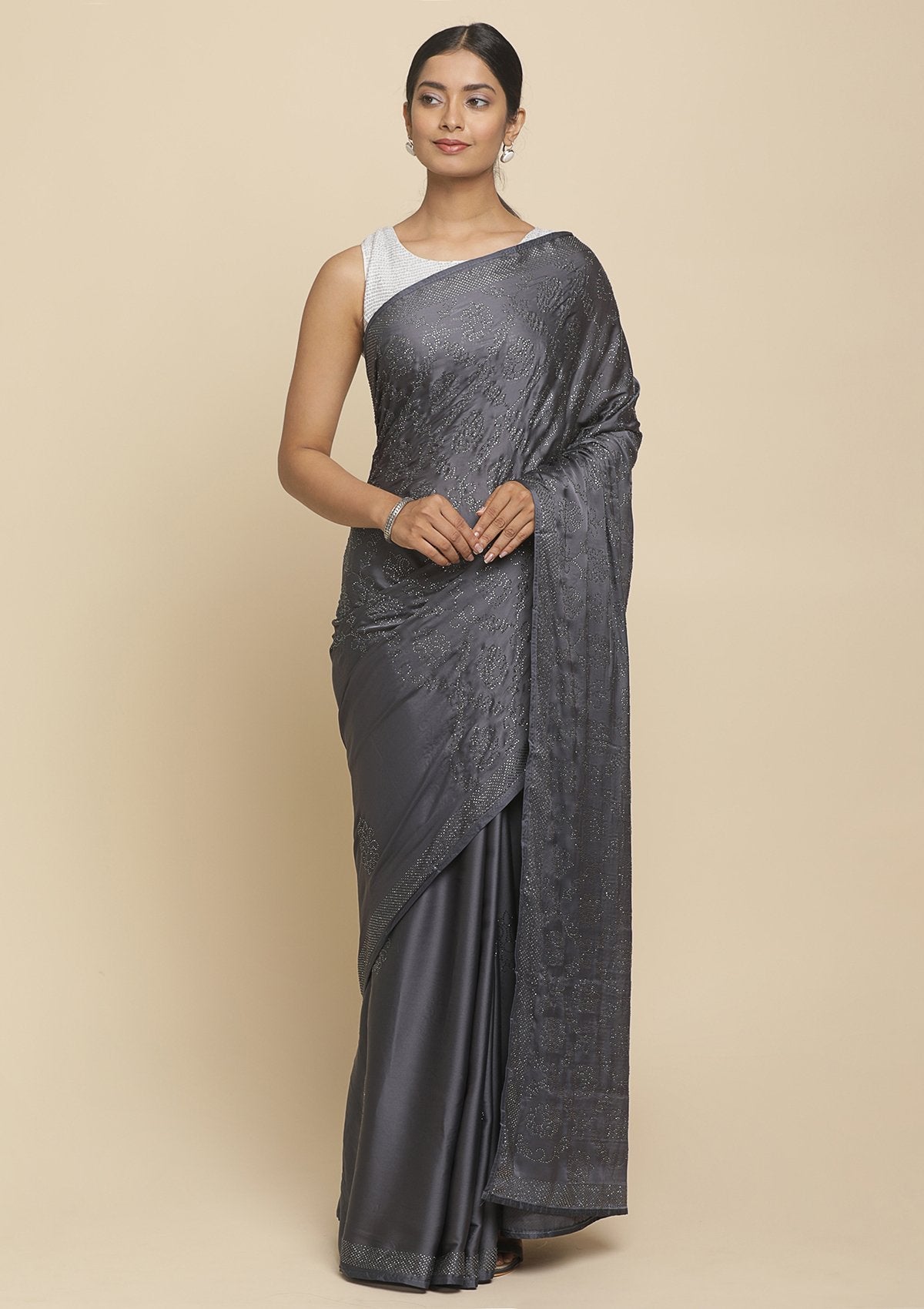 Dark Grey Swarovski  Satin Designer Saree - koskii