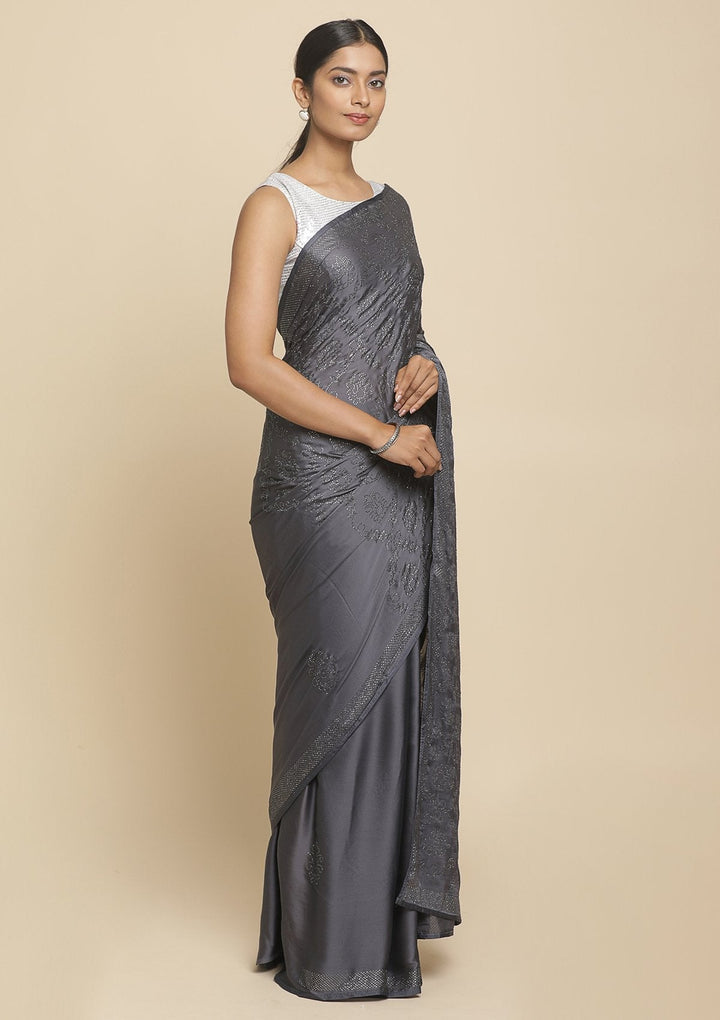 Dark Grey Swarovski  Satin Designer Saree - koskii