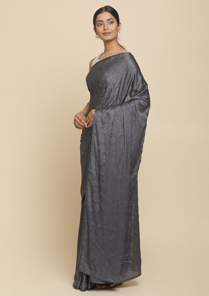 Dark Grey Swarovski  Satin Designer Saree - koskii