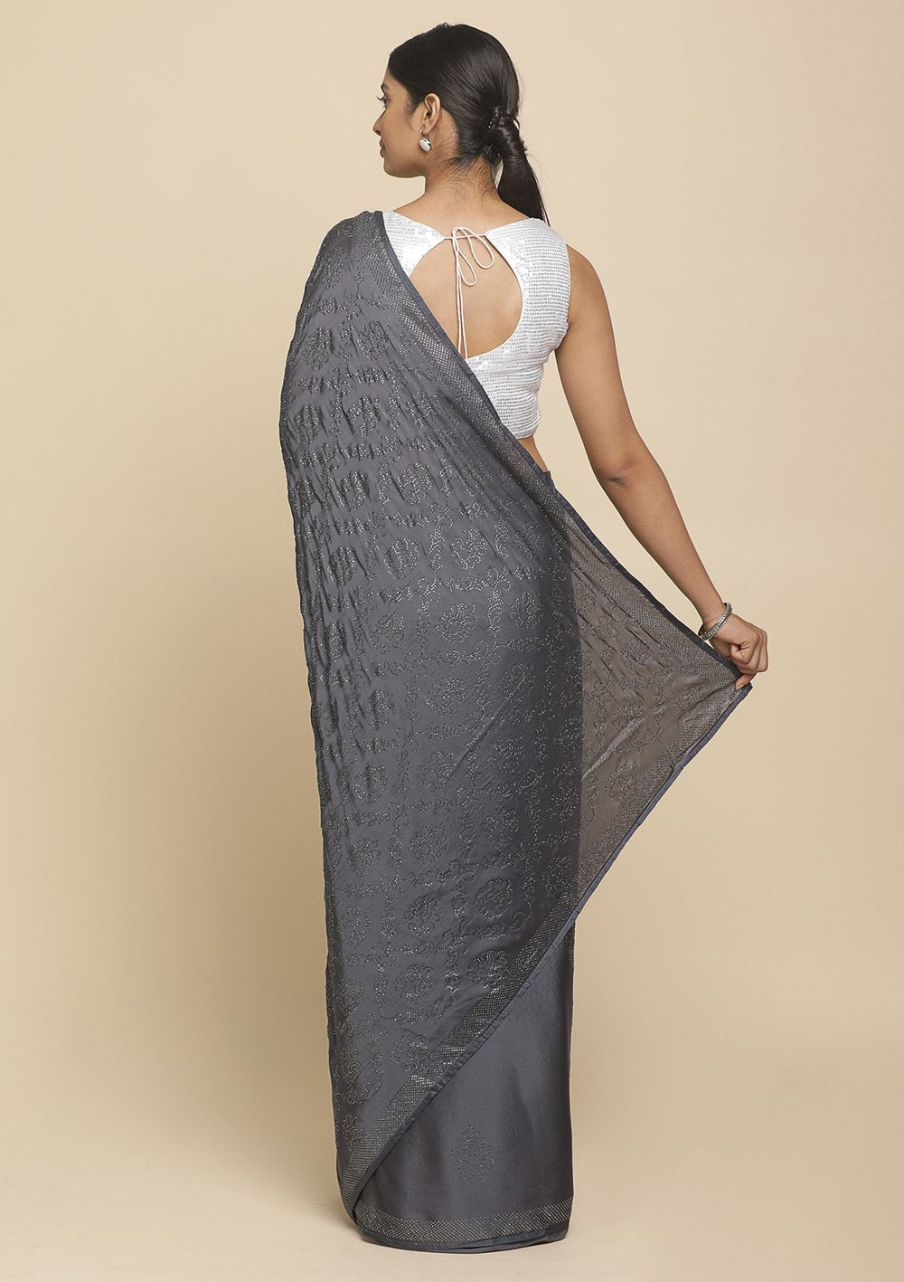 Dark Grey Swarovski  Satin Designer Saree - koskii
