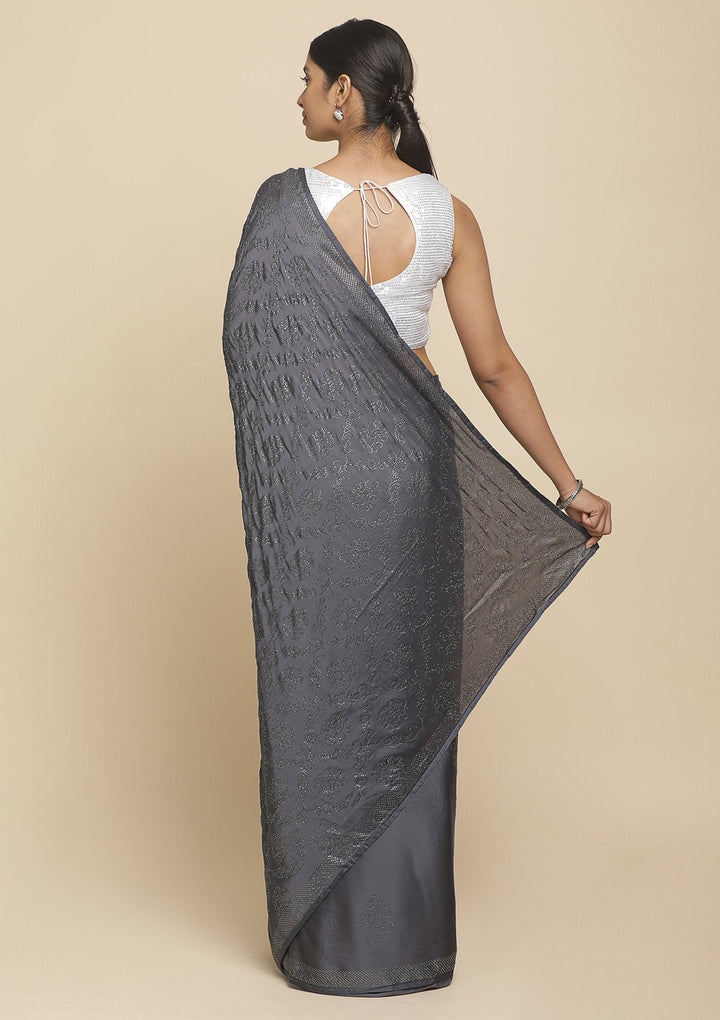Dark Grey Swarovski  Satin Designer Saree - koskii