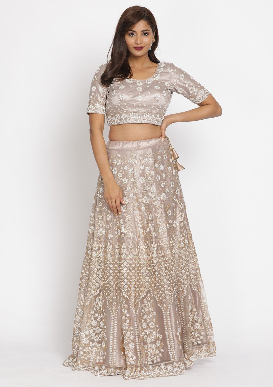 Gold Cutdana Net Designer Semi-Stitched Lehenga - koskii