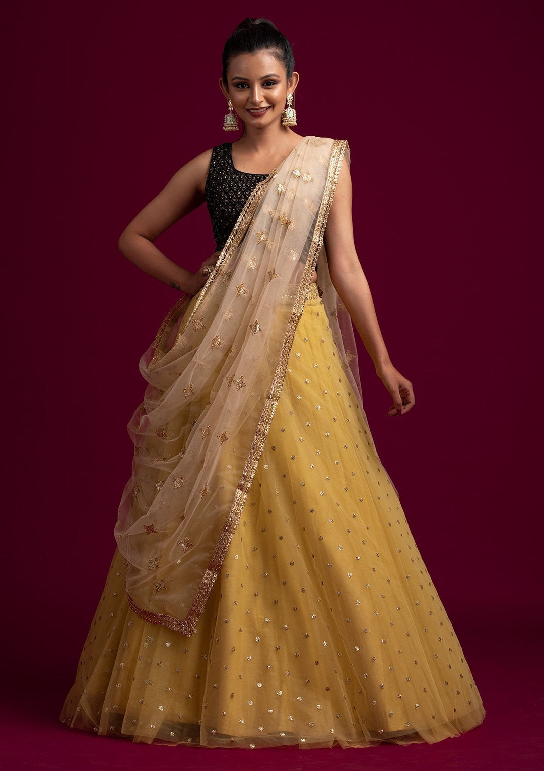 Gold Sequins Net Designer Dupatta - koskii