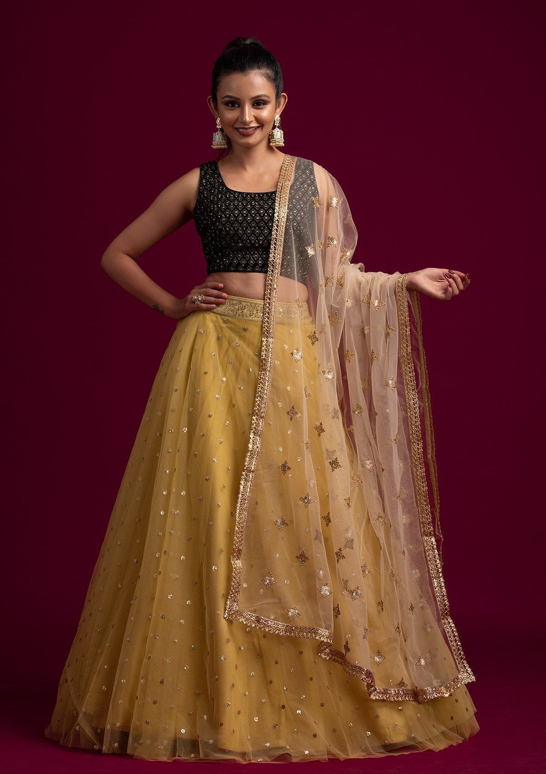 Gold Sequins Net Designer Dupatta - koskii