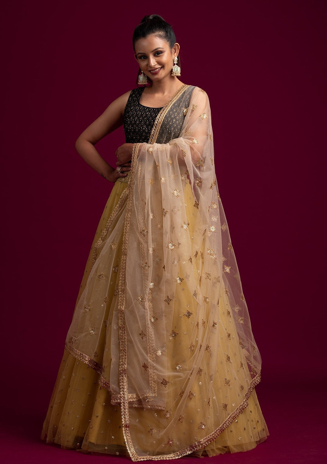 Gold Sequins Net Designer Dupatta - koskii
