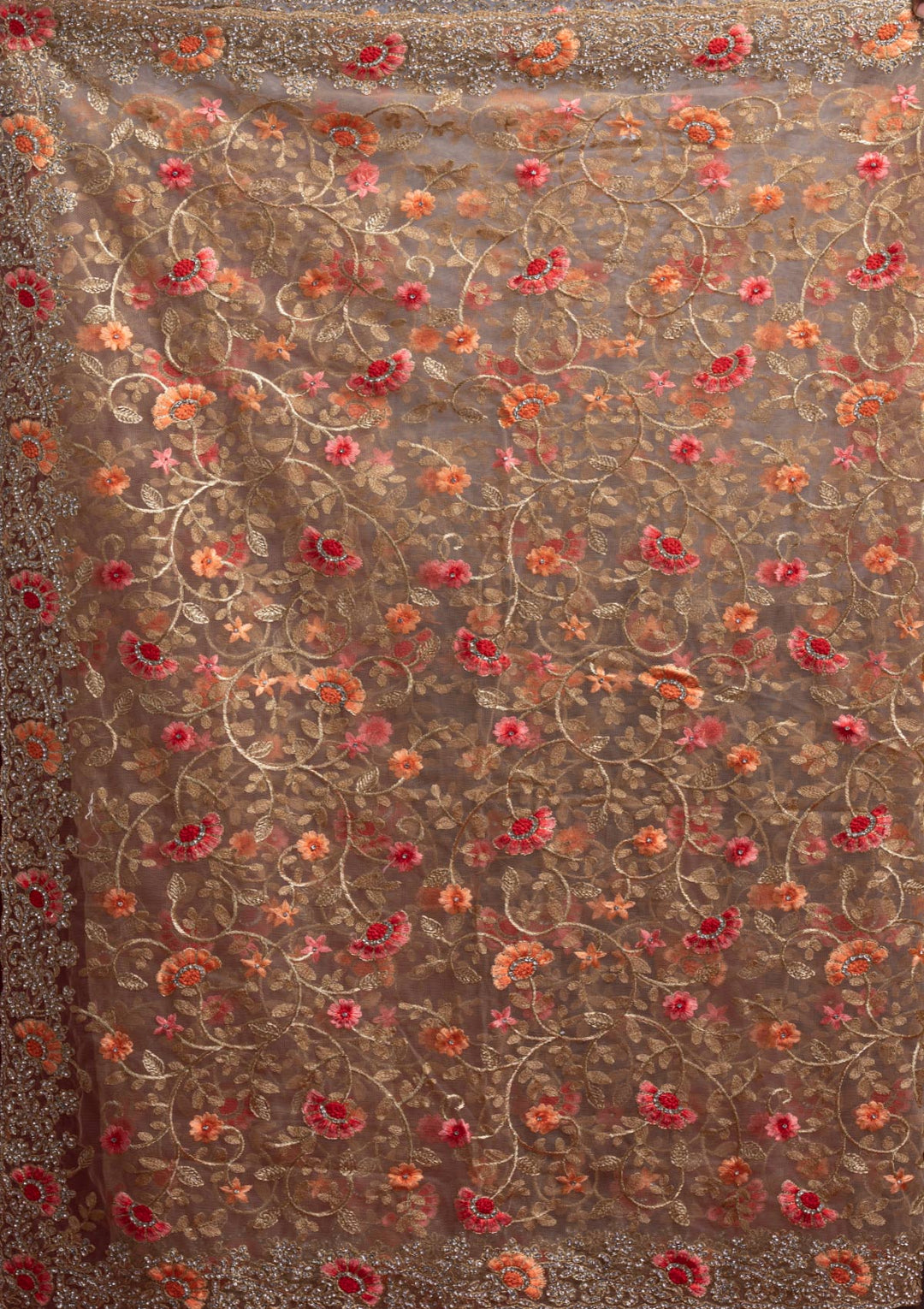 Gold Silver Stonework Net Designer Saree - koskii