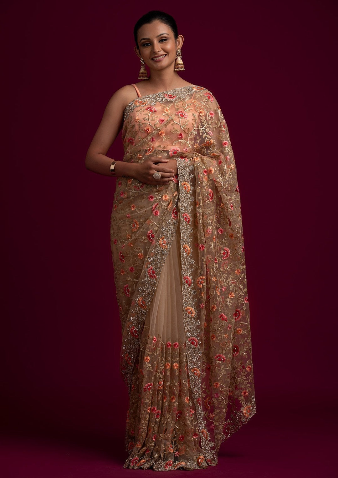 Gold Silver Stonework Net Designer Saree - koskii