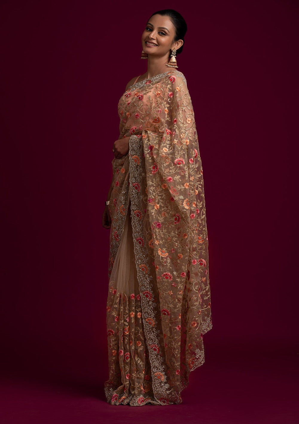 Gold Silver Stonework Net Designer Saree - koskii