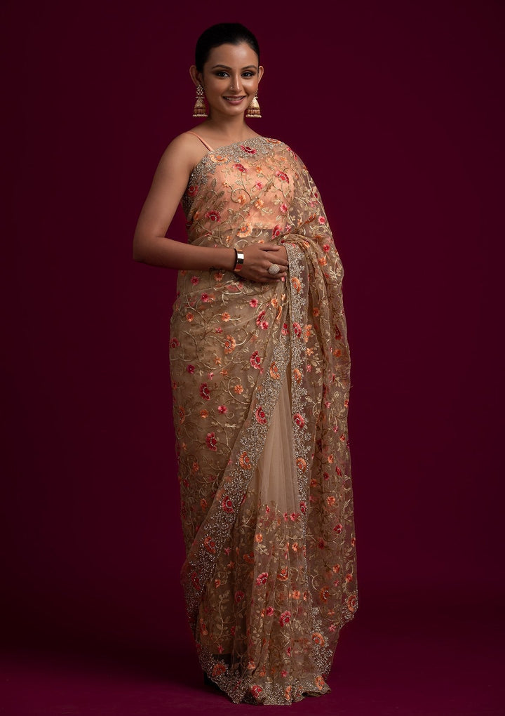Gold Silver Stonework Net Designer Saree - koskii
