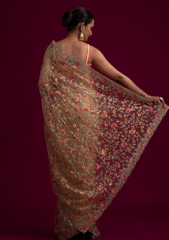 Gold Silver Stonework Net Designer Saree - koskii
