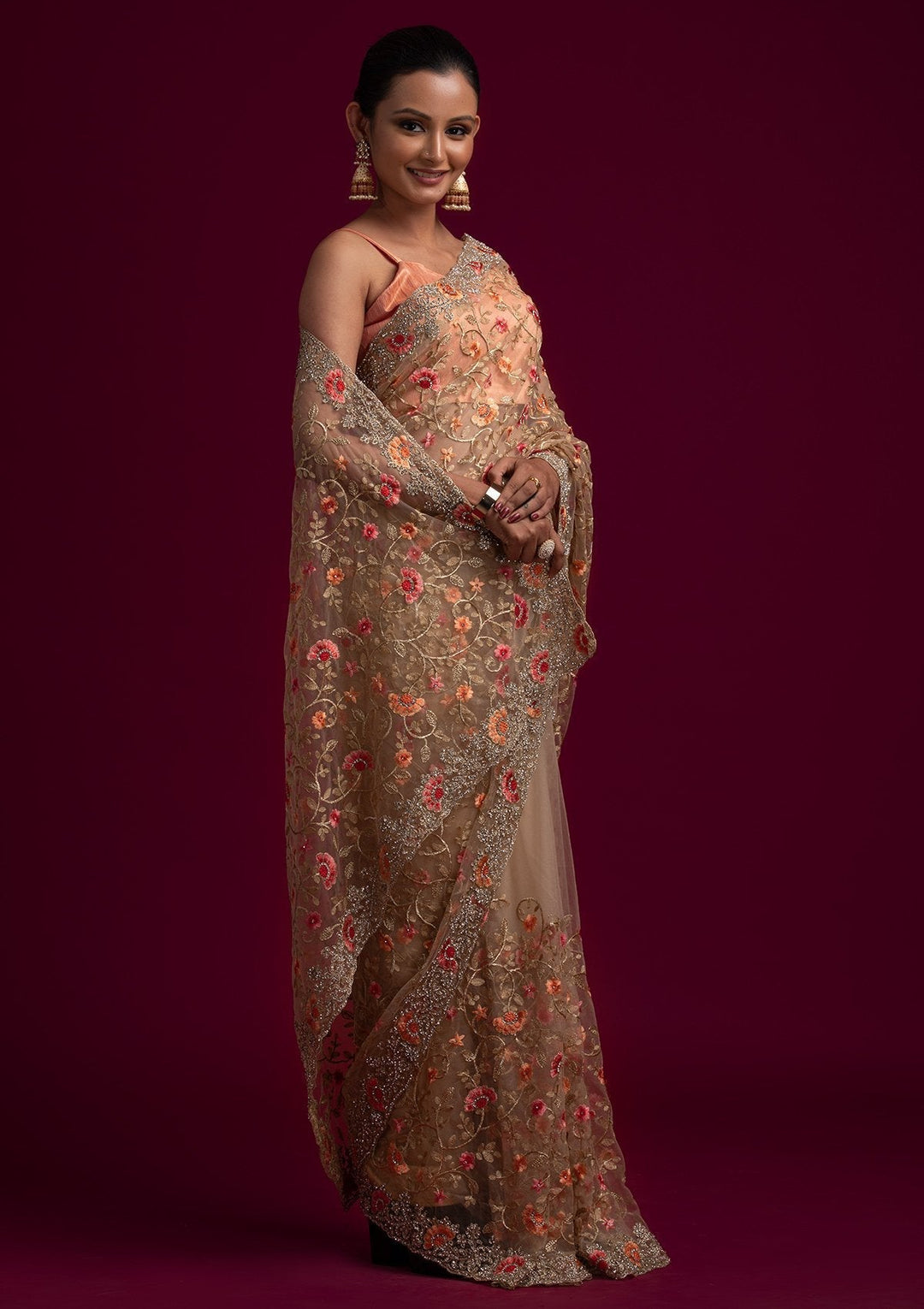 Gold Silver Stonework Net Designer Saree - koskii