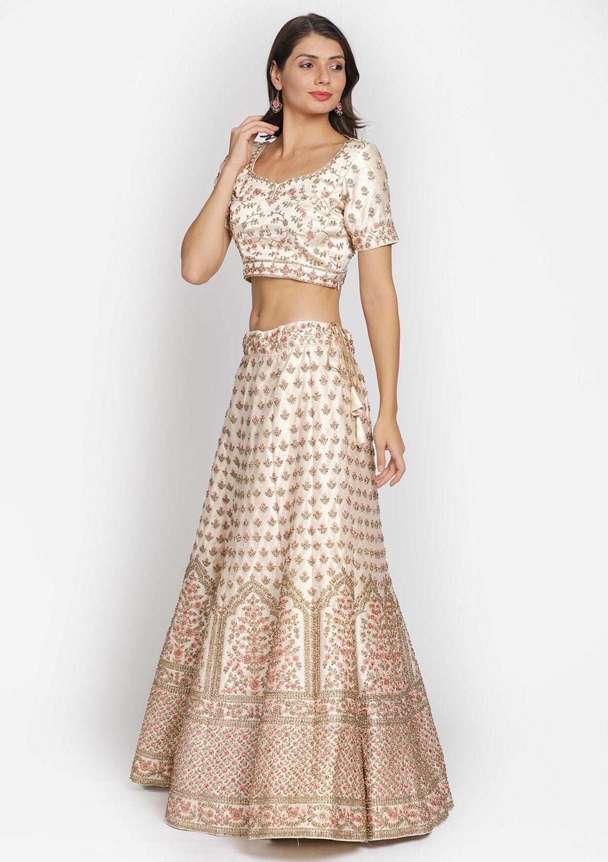 Gold Stonework Raw Silk Designer Semi-Stitched Lehenga - koskii