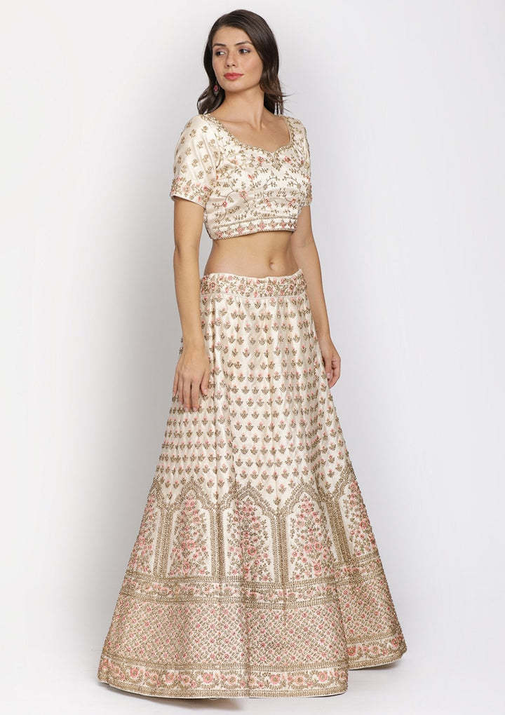 Gold Stonework Raw Silk Designer Semi-Stitched Lehenga - koskii